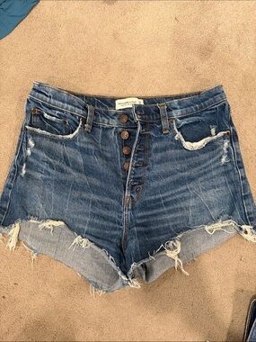 Abercrombie & Fitch Curfe Love Distressed High-Waist Denim Shorts - Medium Blue